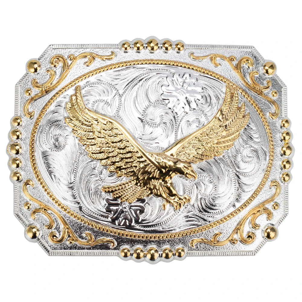 Bältesspänne western stil med detaljer i guld och silver eleganta motiv