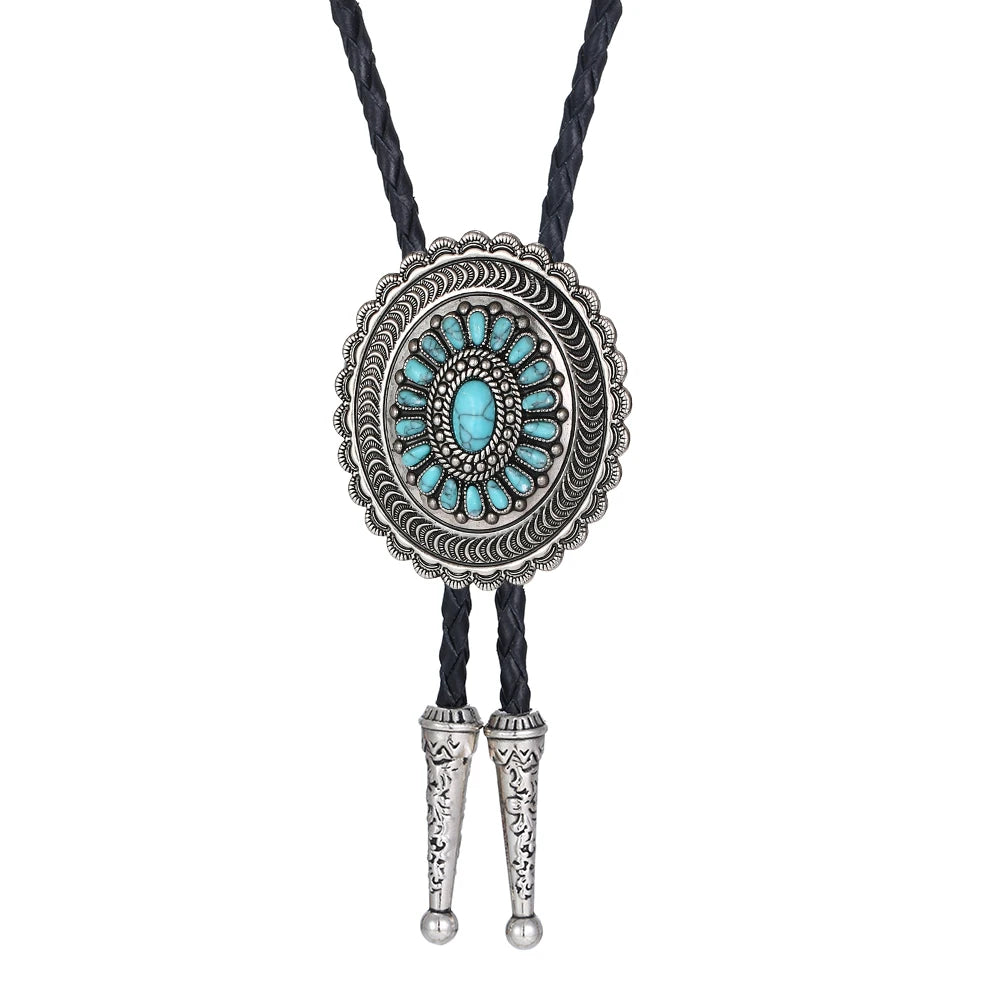 Bolo tie i solrosformad metallram och turkos sten