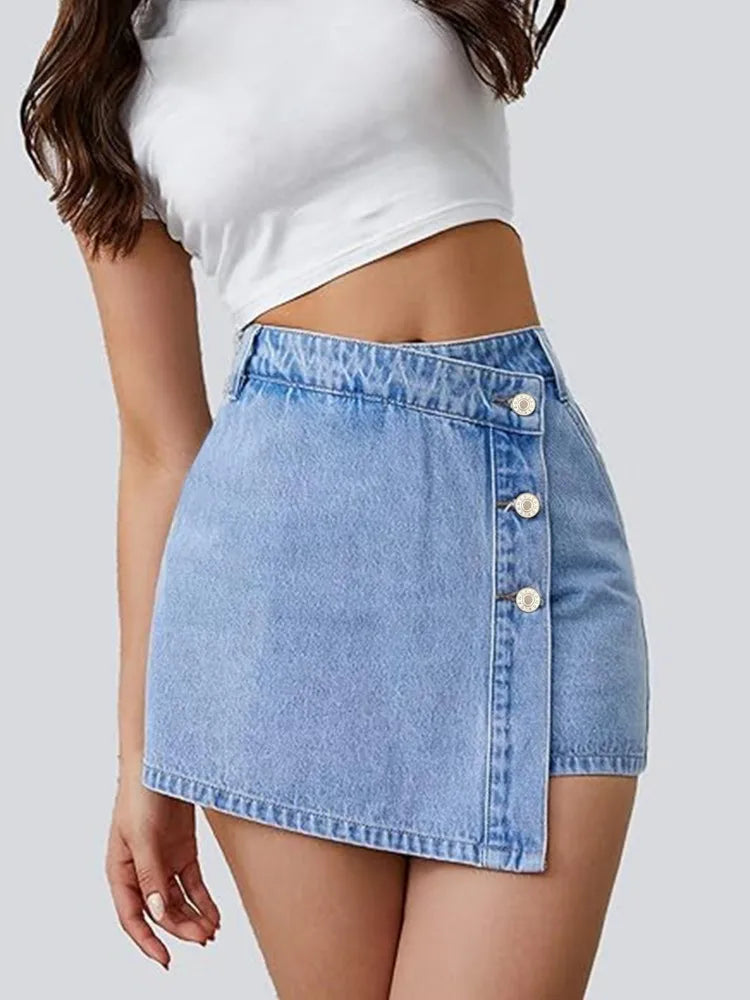 Asymmetrisk shorts kjol i denim