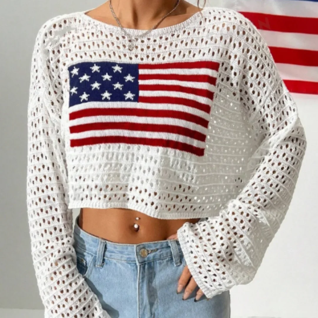 Virkad kort tröja med amerikansk flagga