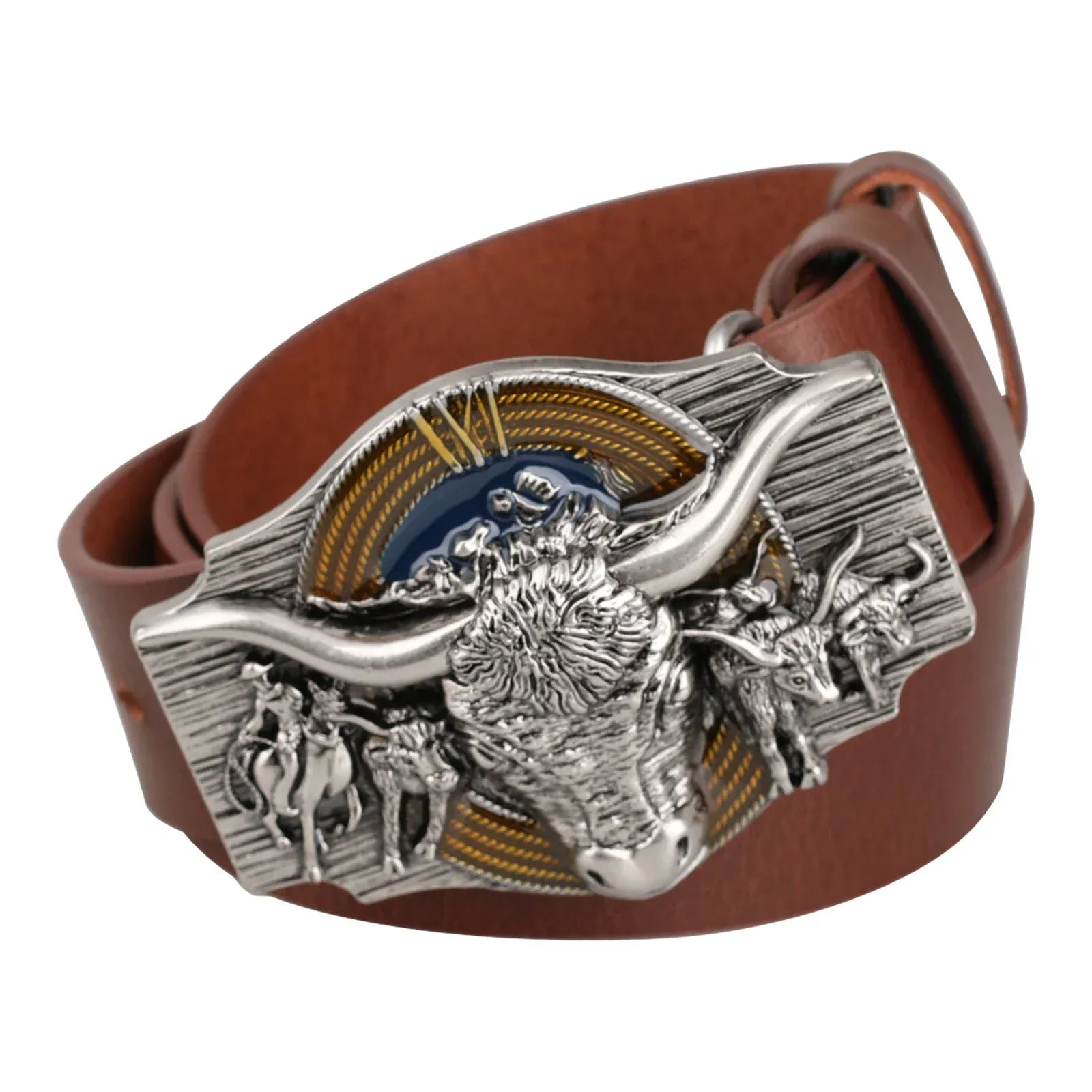 Äkta westernläderbälte med longhorn reliefspänne