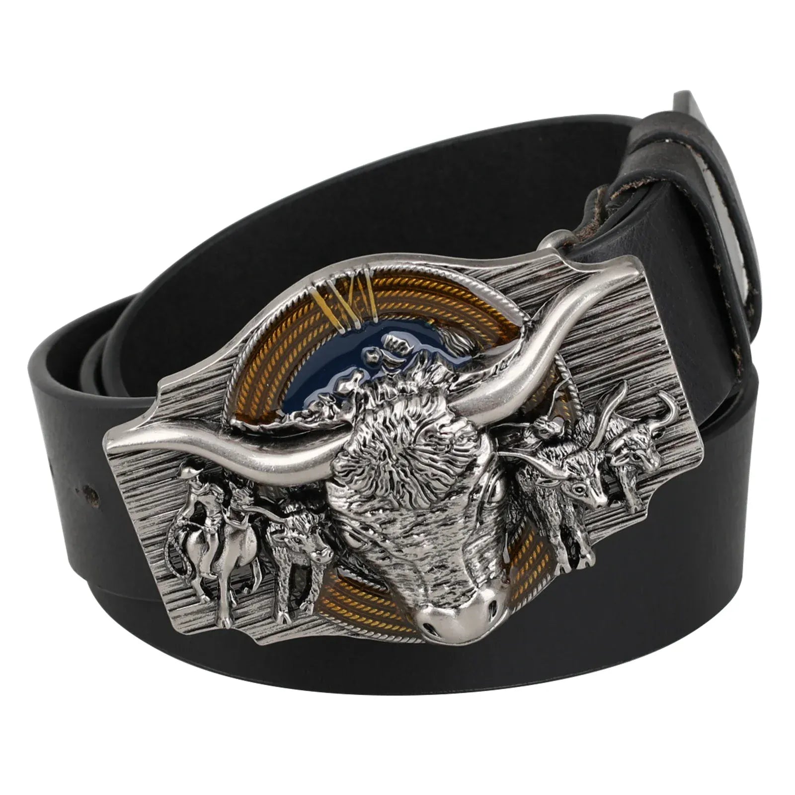 Äkta westernläderbälte med longhorn reliefspänne