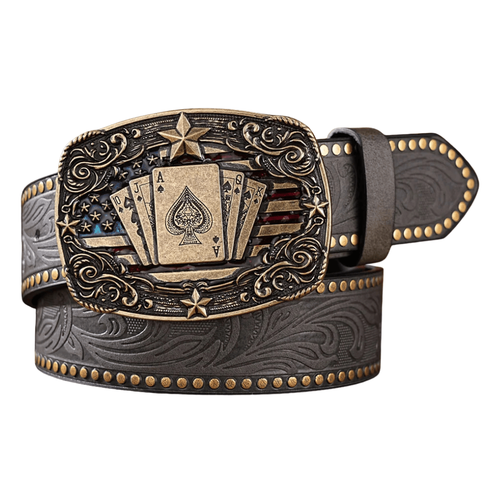 Antikt westernbälte med spelkortsspänne