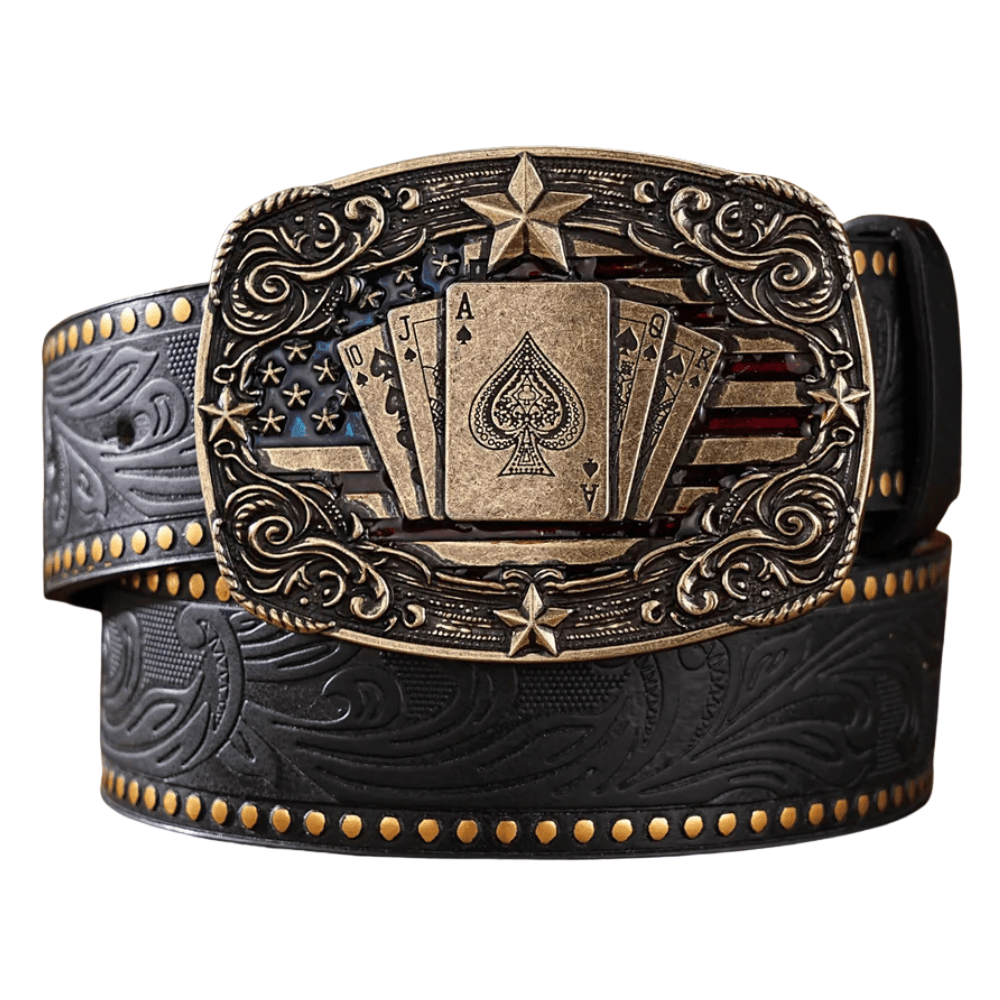 Antikt westernbälte med spelkortsspänne