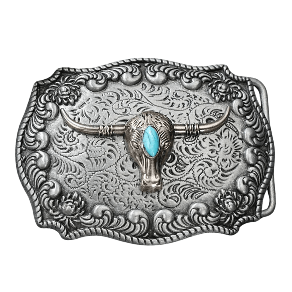 Bältespänne silverfärgat med turkos sten och westernmotiv