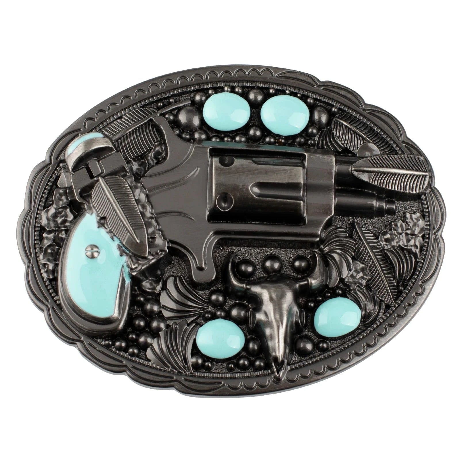 Bältesspänne med revolver turkos stenar western stil