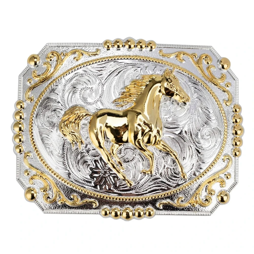 Bältesspänne western stil med detaljer i guld och silver eleganta motiv