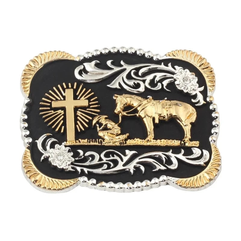 Bältesspänne western stil med häst kors och skalle i guld och silver