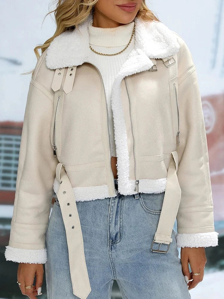 Beige pilotjacka dam med fuskpäls