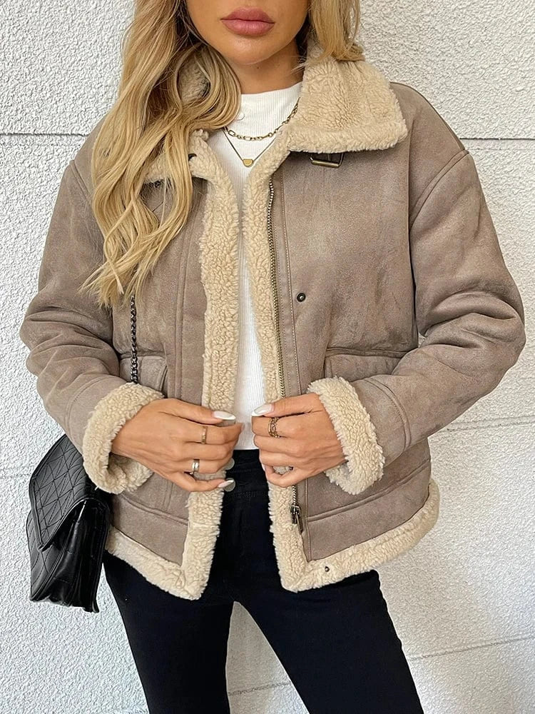 Beige shearling jacka dam med fuskpäls