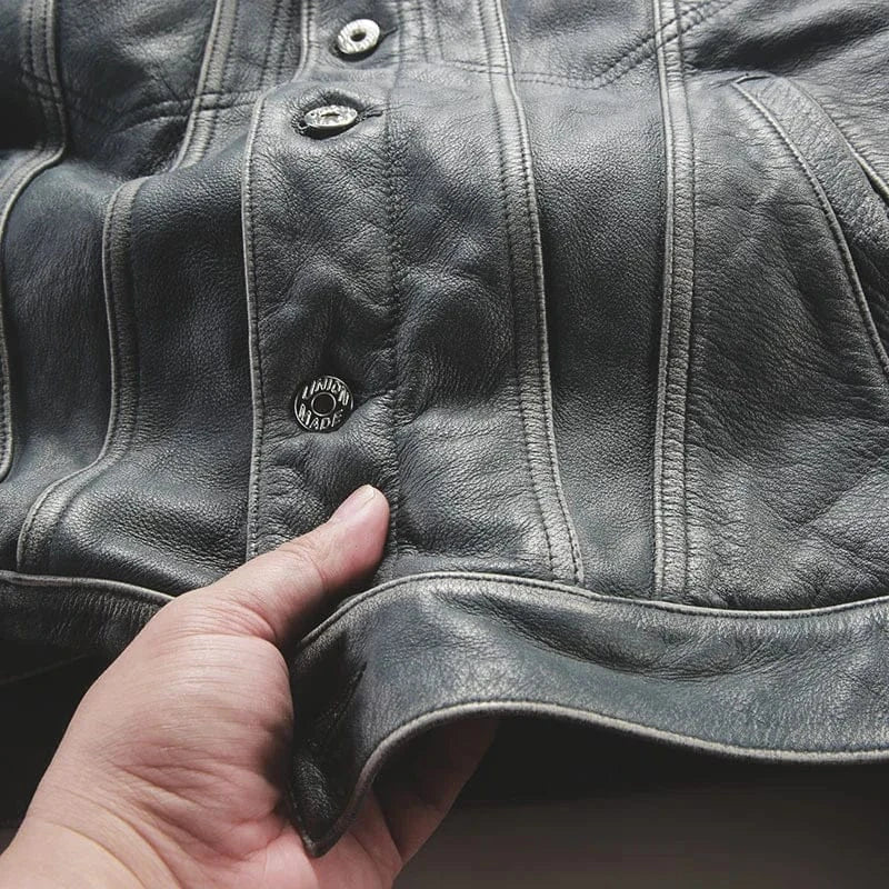 Blå läder trucker jacka herr