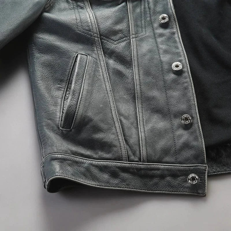 Blå läder trucker jacka herr