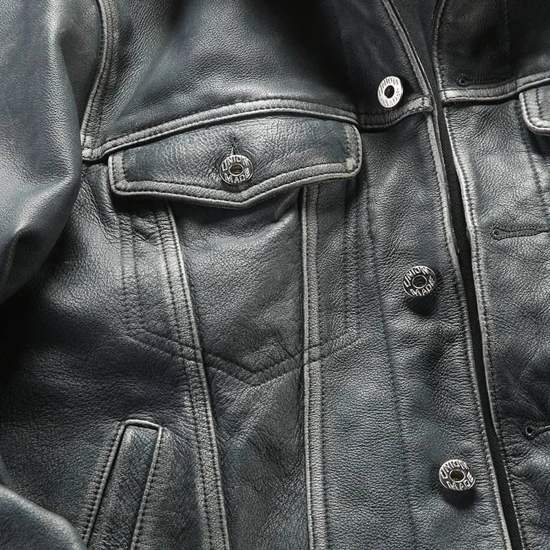 Blå läder trucker jacka herr