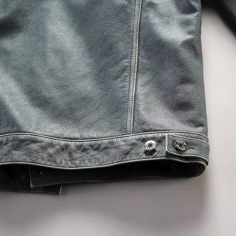 Blå läder trucker jacka herr