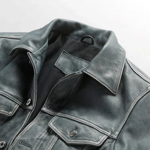 Blå läder trucker jacka herr