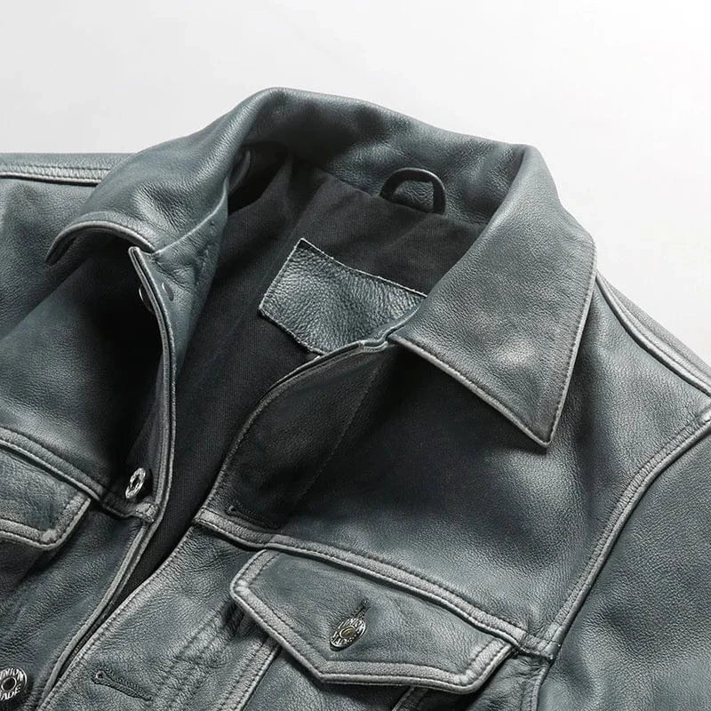 Blå läder trucker jacka herr