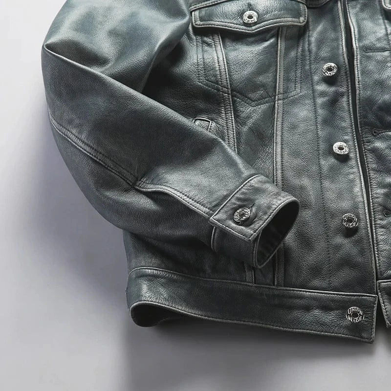 Blå läder trucker jacka herr