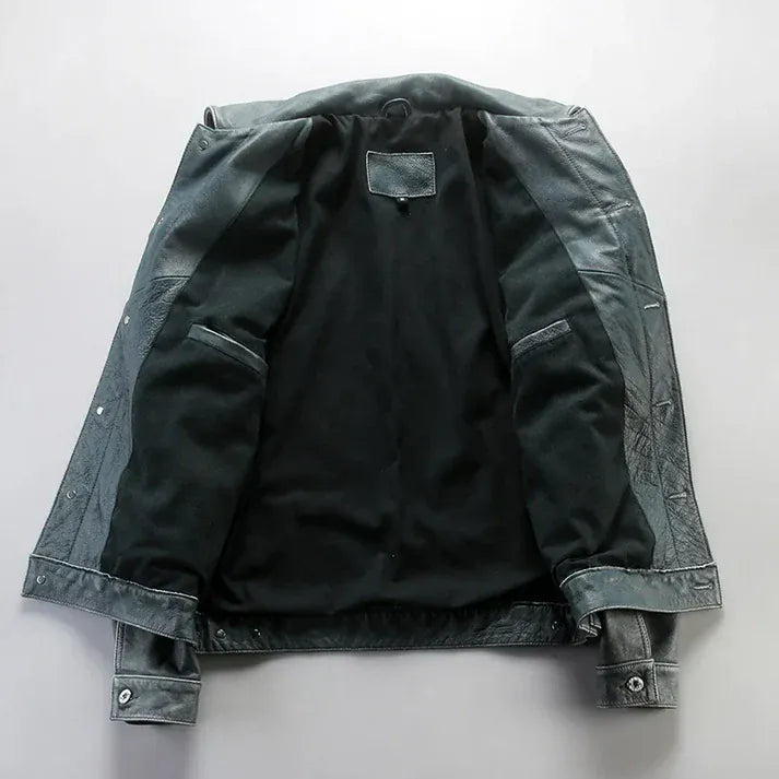 Blå läder trucker jacka herr