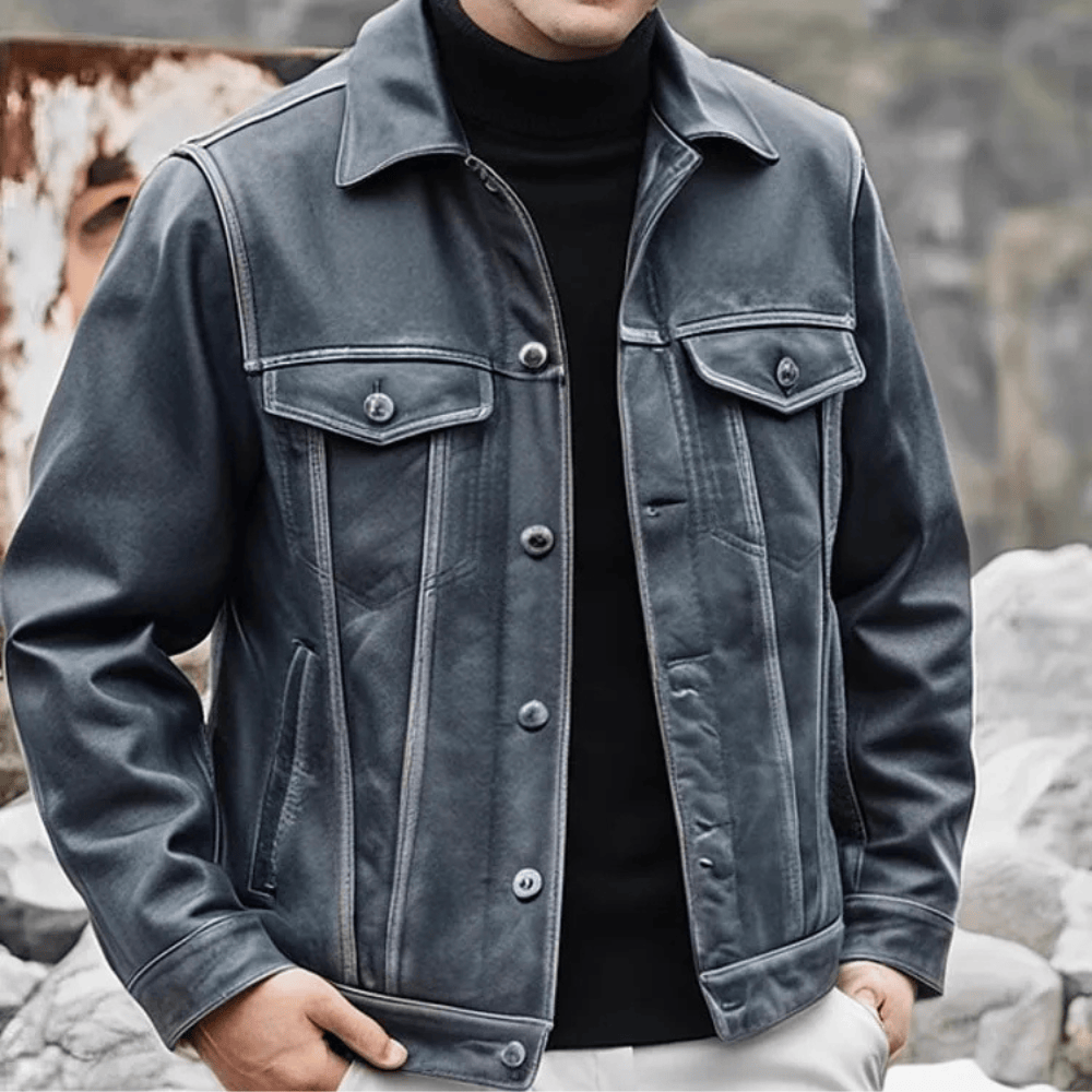 Blå läder trucker jacka herr