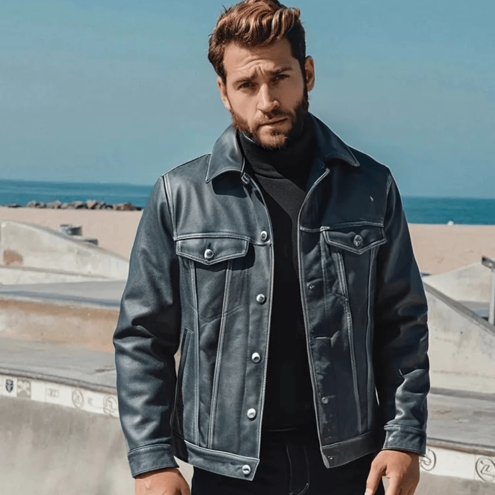 Blå läder trucker jacka herr