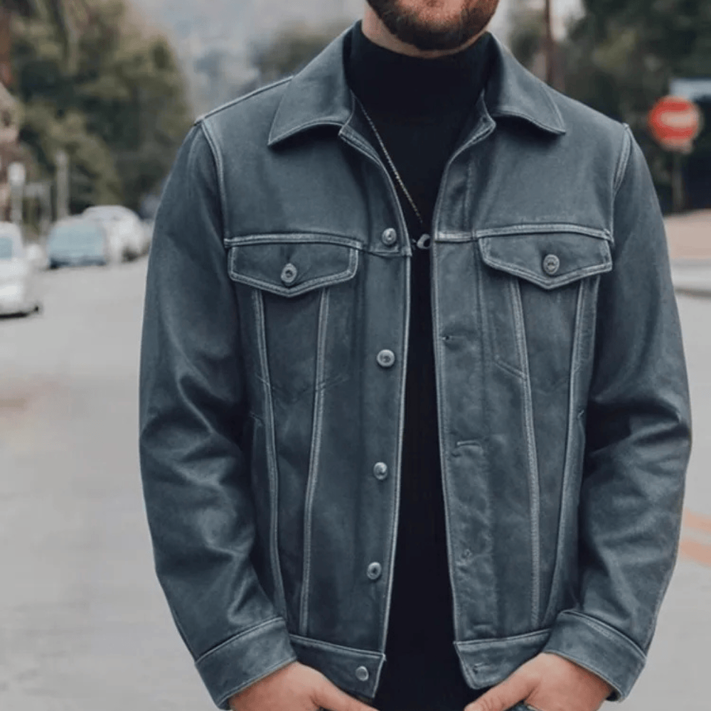 Blå läder trucker jacka herr
