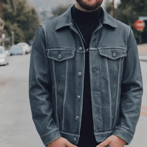 Blå läder trucker jacka herr