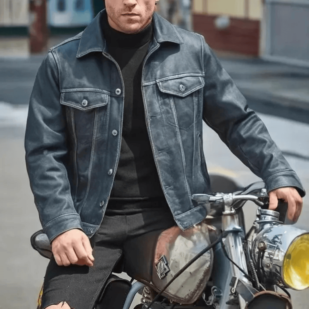 Blå läder trucker jacka herr