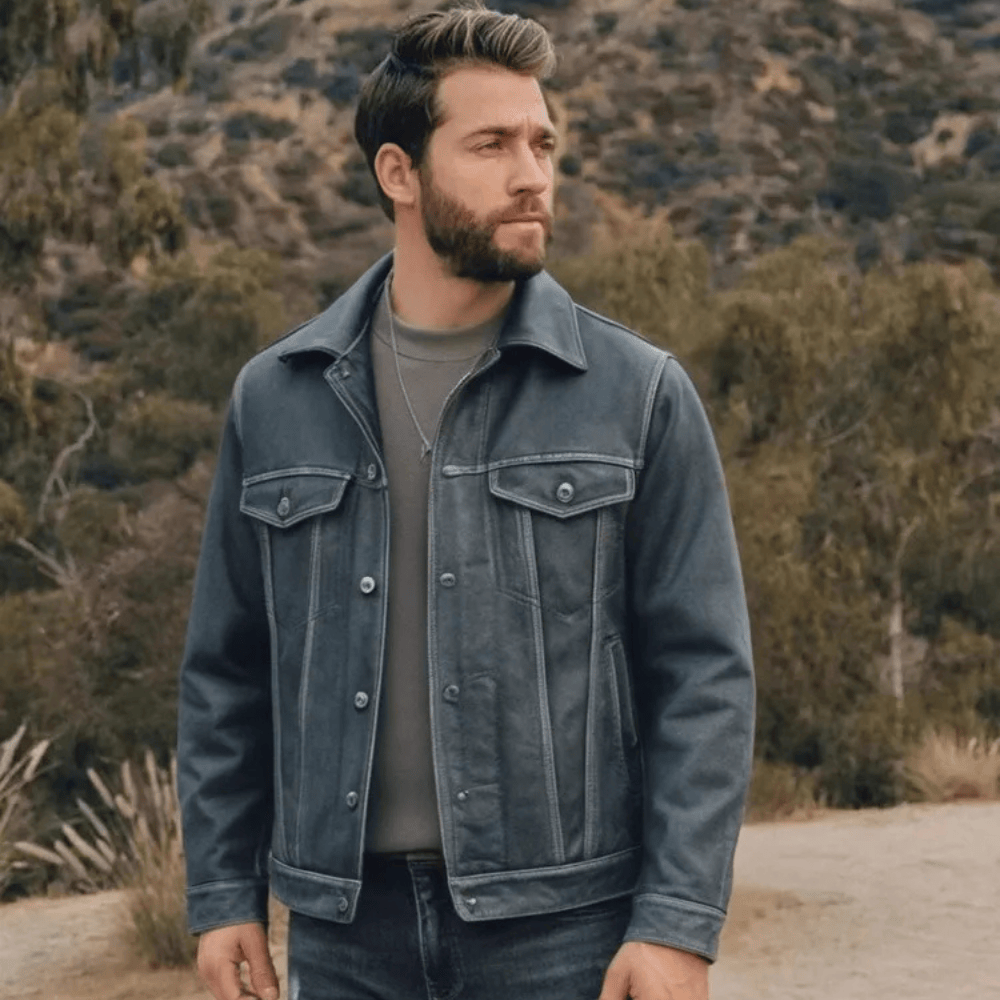 Blå läder trucker jacka herr Vintage blå / M