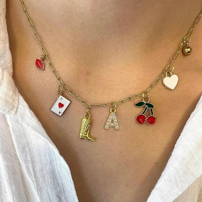 Boho Red Lips Cherry Heart Letter Charm Necklace Gold Plated Boots Crystal Initials Necklaces Cowgirl Beach Jewelry