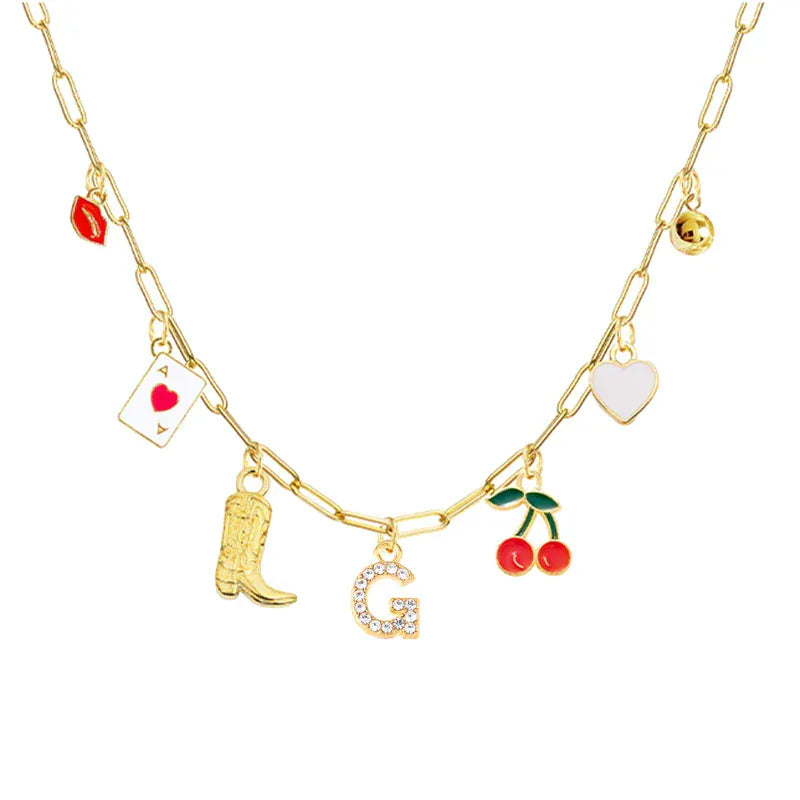 Boho Red Lips Cherry Heart Letter Charm Necklace Gold Plated Boots Crystal Initials Necklaces Cowgirl Beach Jewelry G