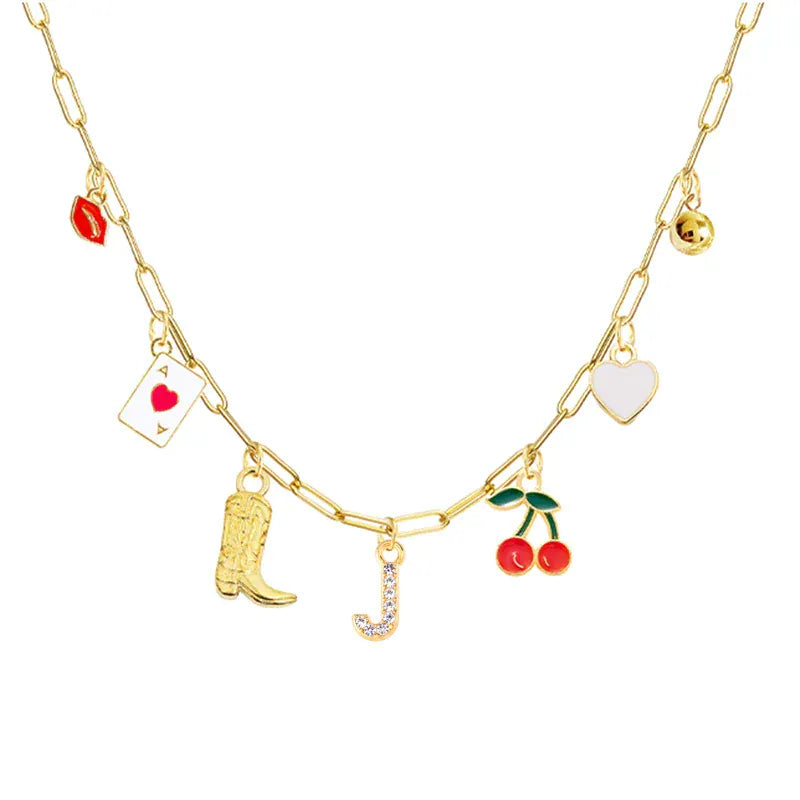 Boho Red Lips Cherry Heart Letter Charm Necklace Gold Plated Boots Crystal Initials Necklaces Cowgirl Beach Jewelry J
