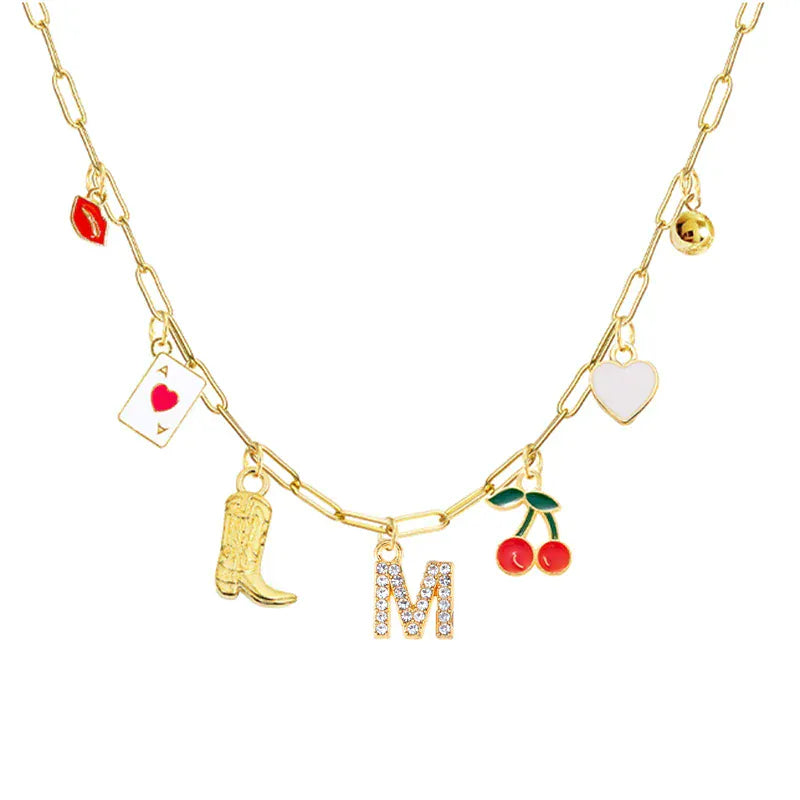 Boho Red Lips Cherry Heart Letter Charm Necklace Gold Plated Boots Crystal Initials Necklaces Cowgirl Beach Jewelry M