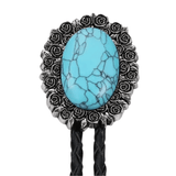 Bolo tie i äkta läder med vintageblomma och steninfattning