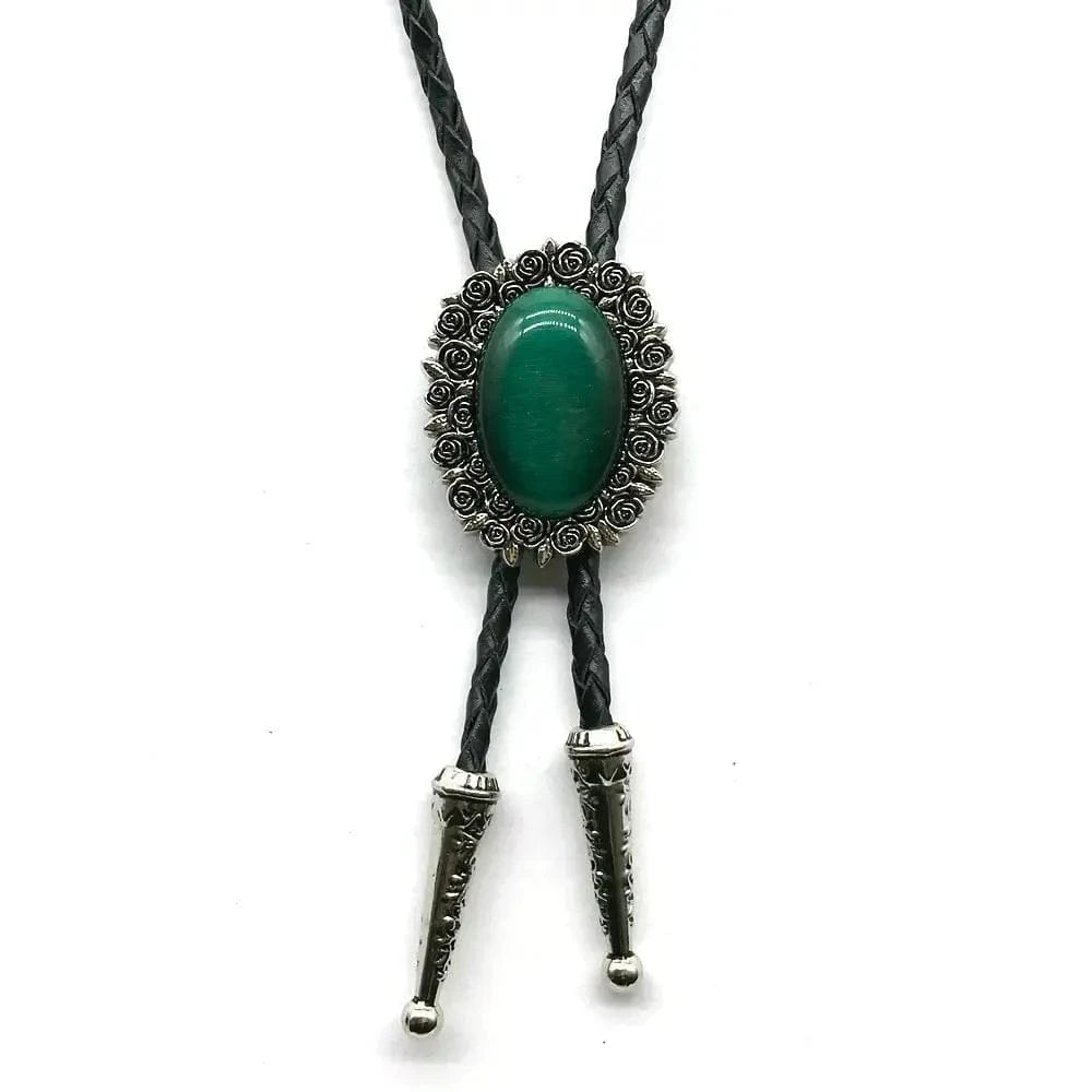 Bolo tie i äkta läder med vintageblomma och steninfattning