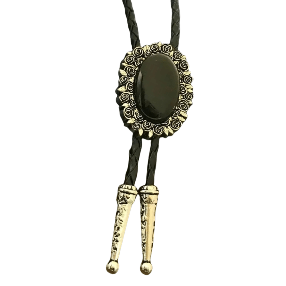 Bolo tie i äkta läder med vintageblomma och steninfattning