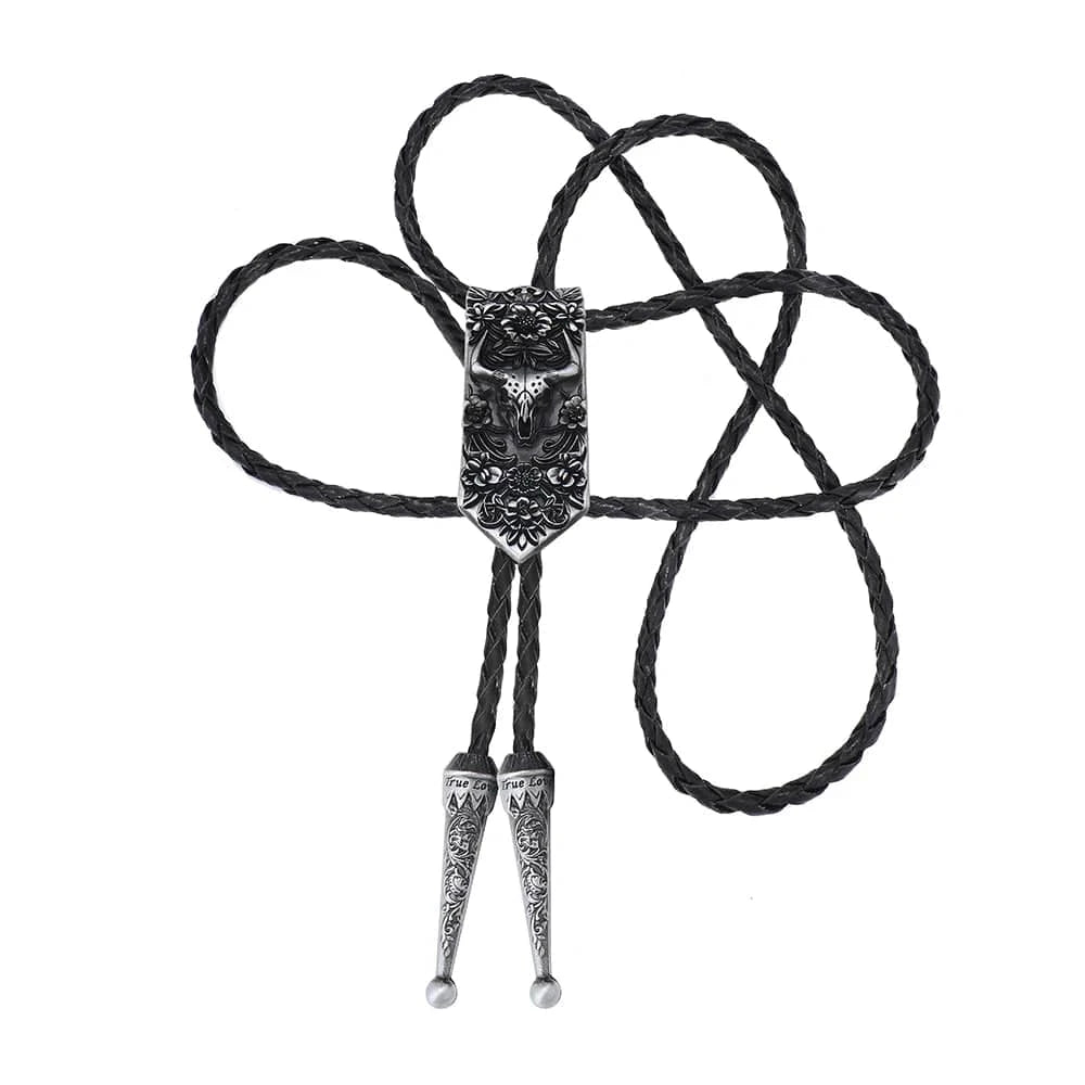 Bolo tie i läder med oxskalle och blommönster