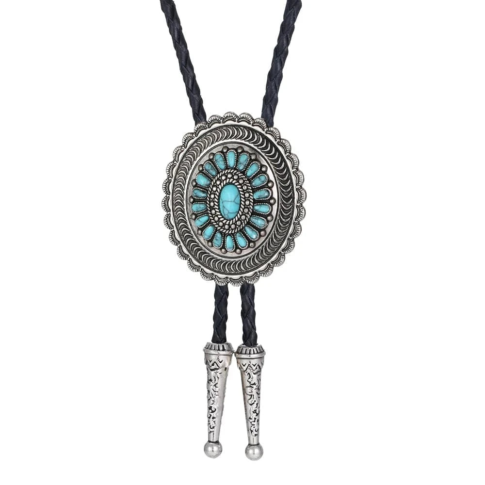Bolo tie i solrosformad metallram och turkos sten
