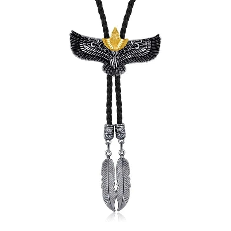 Bolo tie i svart läder med flygande örnhänge