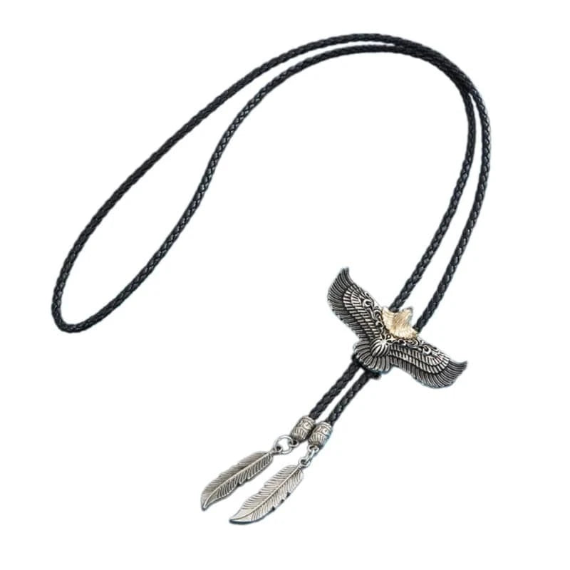 Bolo tie i svart läder med flygande örnhänge
