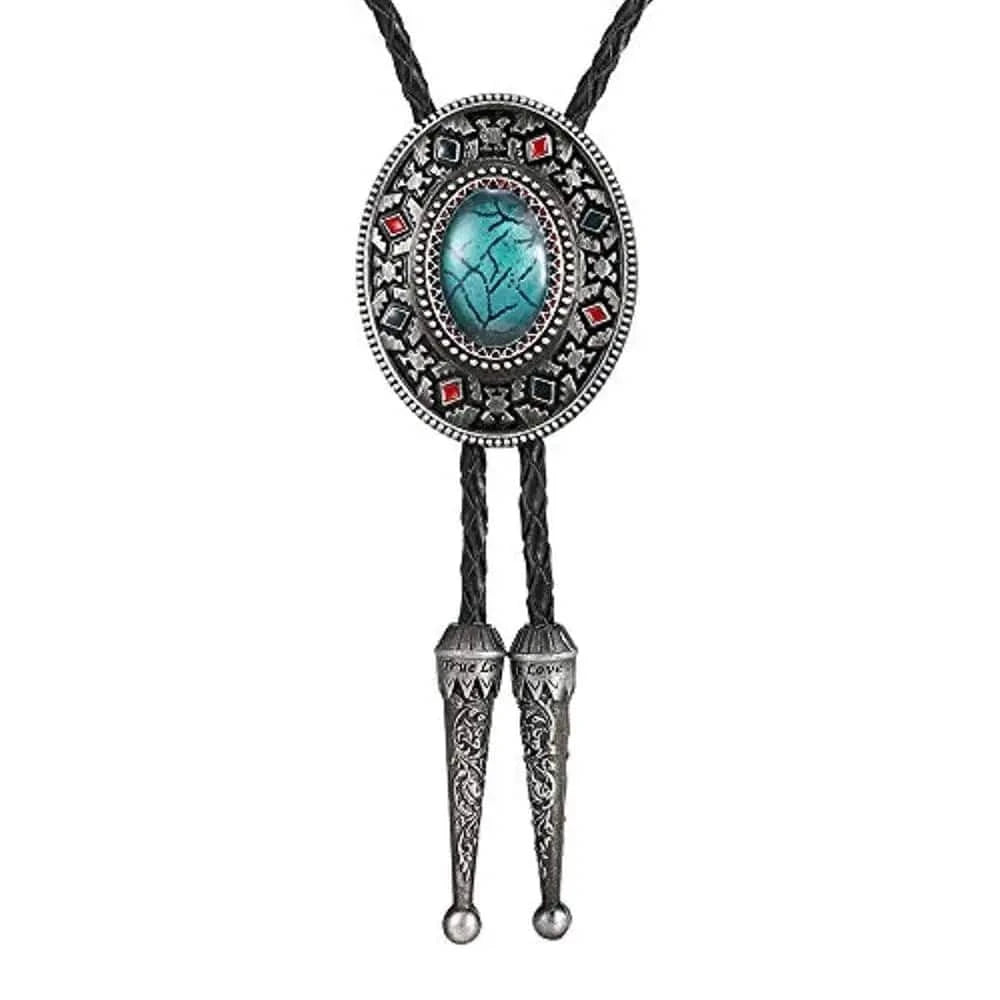 Bolo tie med oval sten och dekorativ antiksilverram