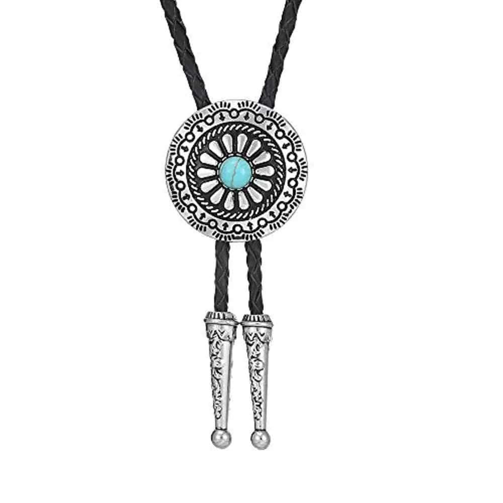 Bolo tie med runt metallhänge och lädersnöre