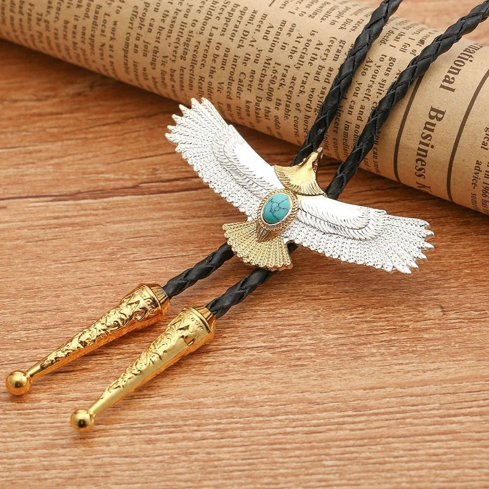 Bolo tie med silver- och guldfärgad örn och blå sten