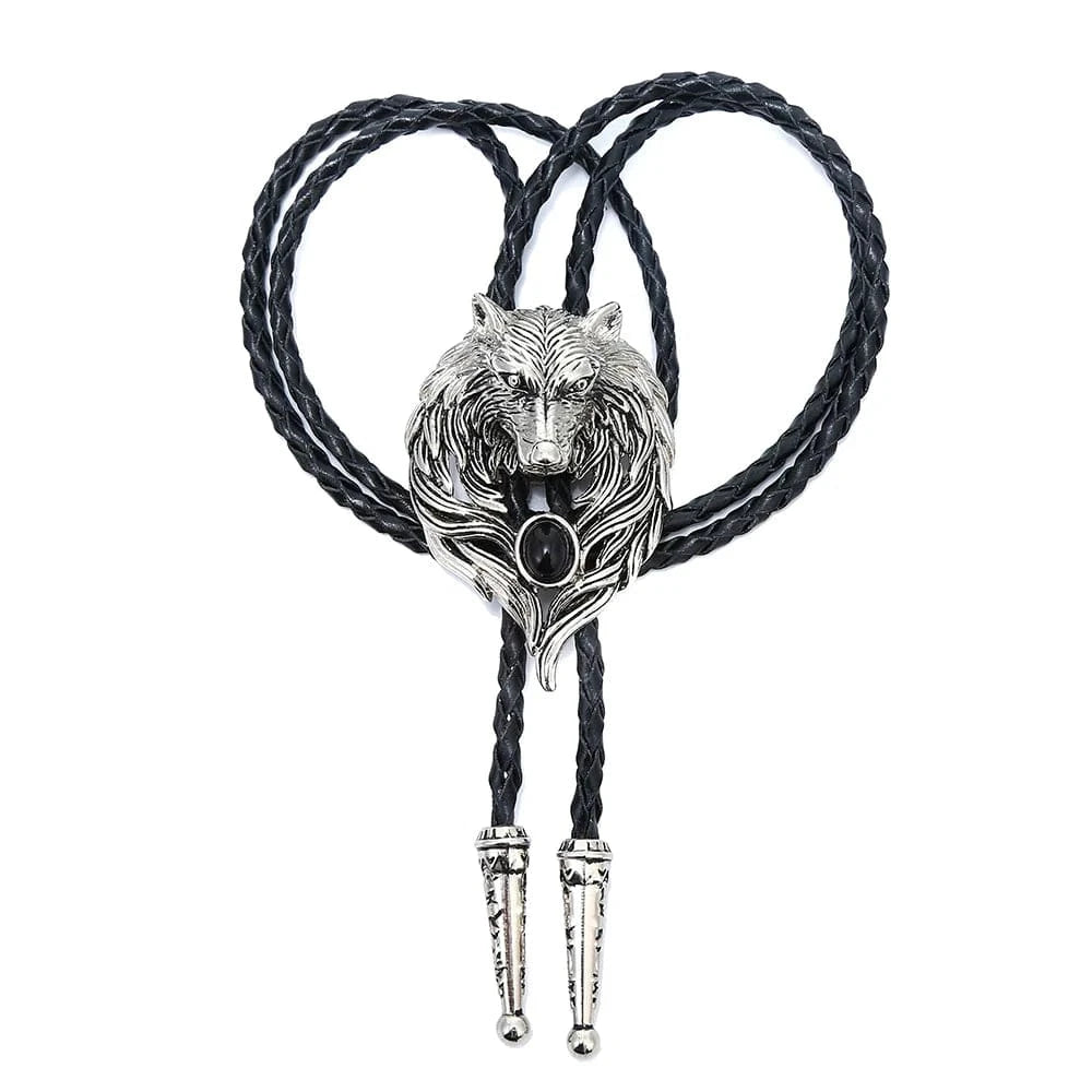 Bolo tie med silver varghuvud och svart agat