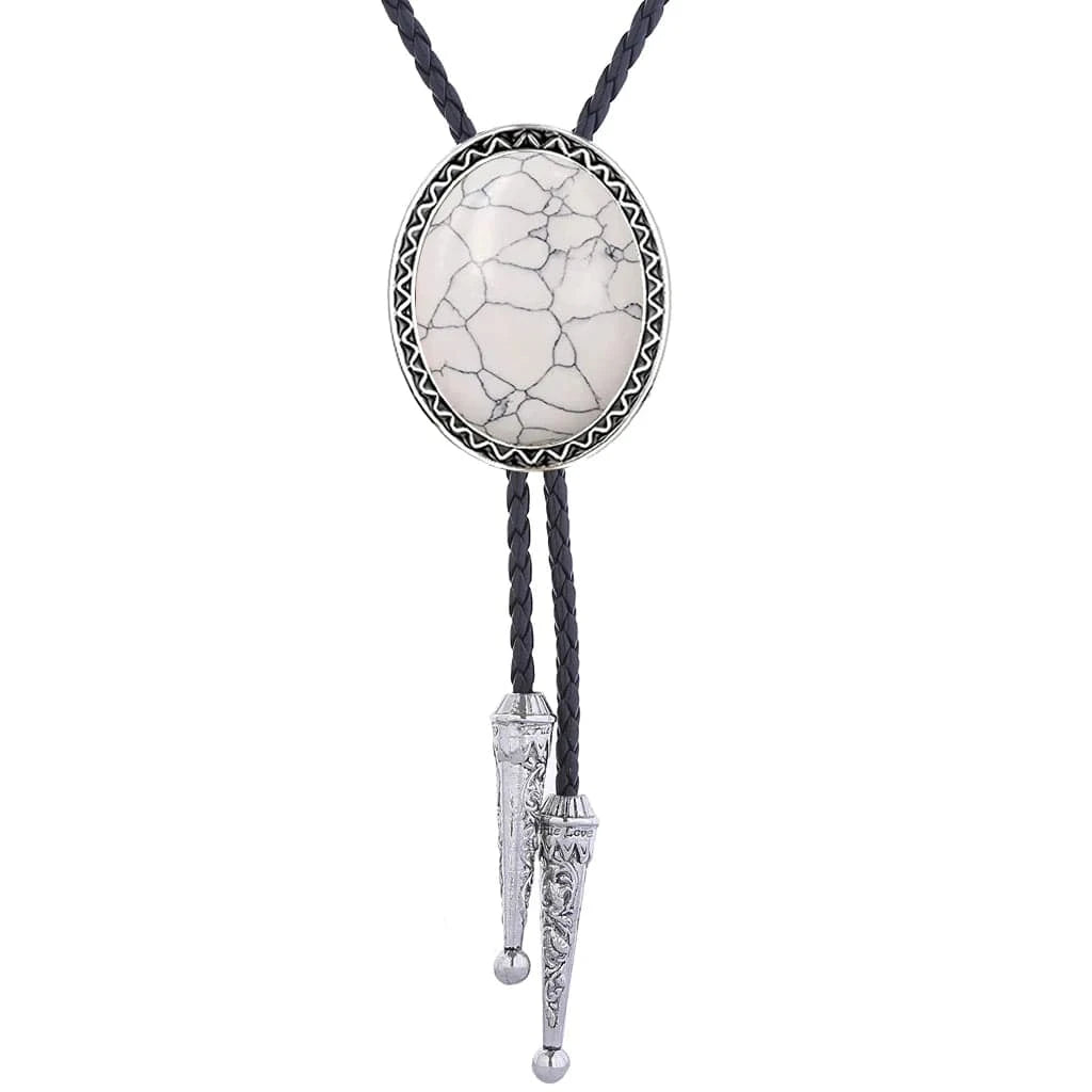 Bolo tie med vit marmormönstrad sten och flätat lädersnöre