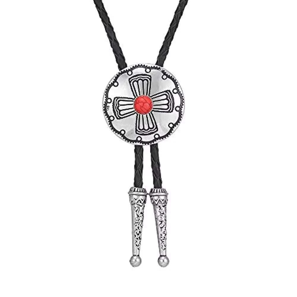 Bolo tie rund med korsdetalj och sten