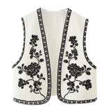 Broderad Dam Väst med Blommönster Svartvit Vintage Crop