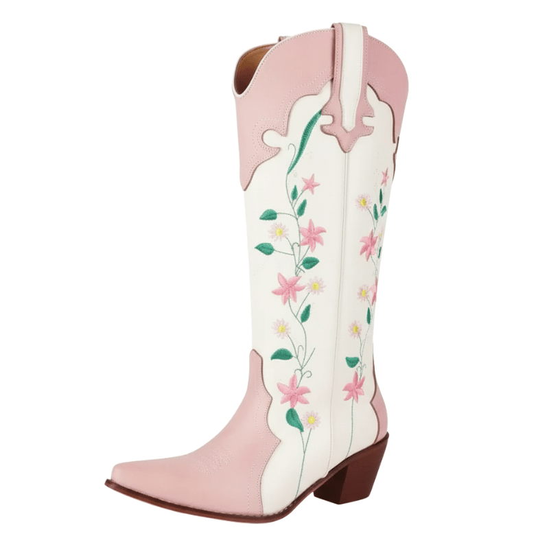 Broderade cowboyboots i rosavit nyans med blommönster