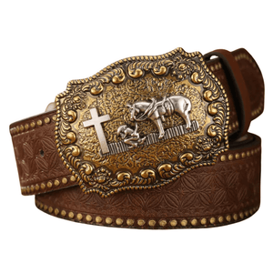 Brunt cowboyläderbälte Kors/häst / 120cm