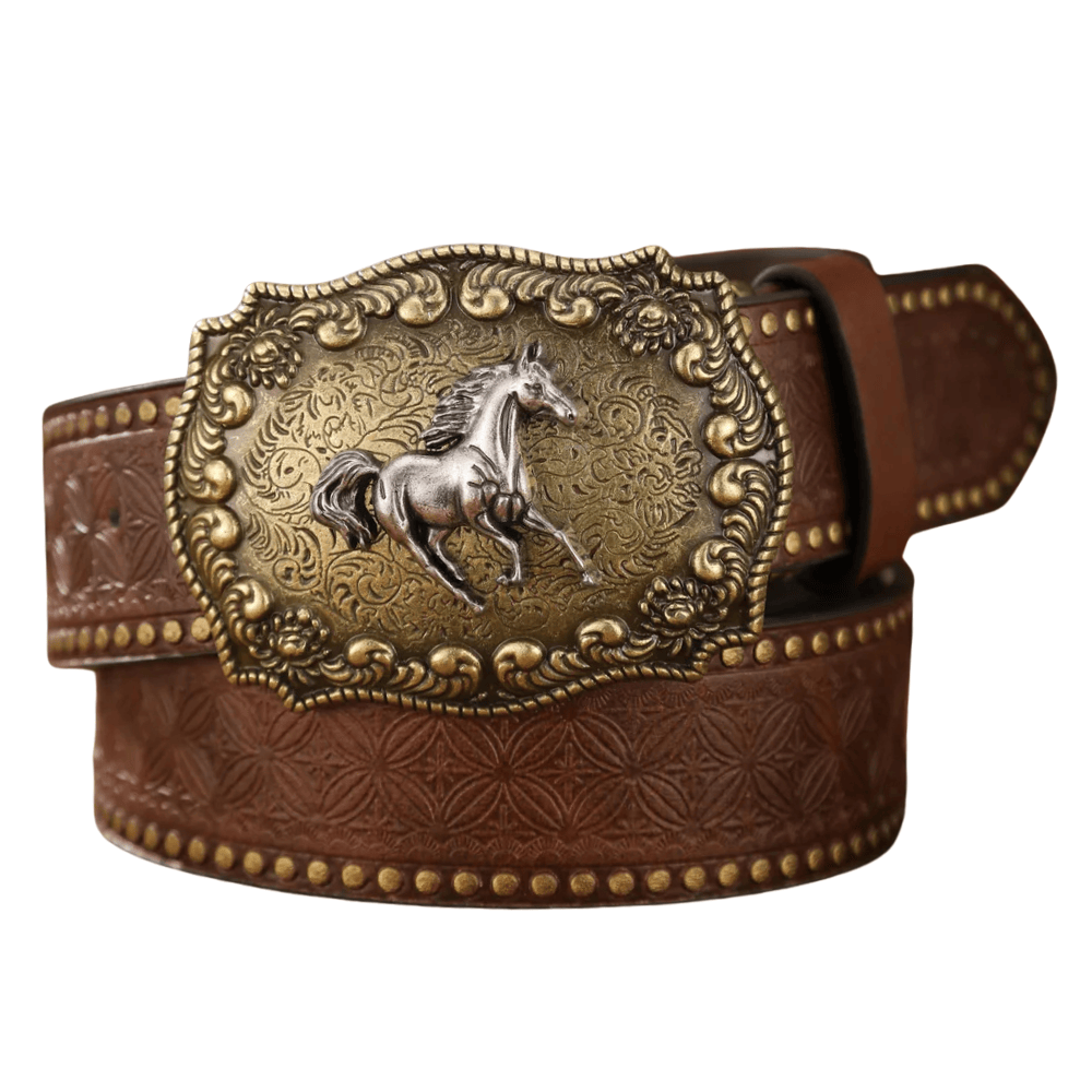 Brunt cowboyläderbälte Häst / 120cm
