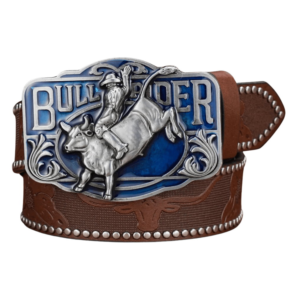 Bull Rider cowboybälte med blå emaljspänne Mörkbrun / 120cm